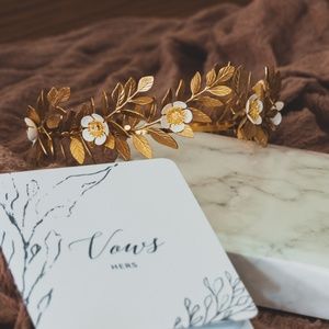 Gold Laurel Leaf Wedding Crown with White Flowers
